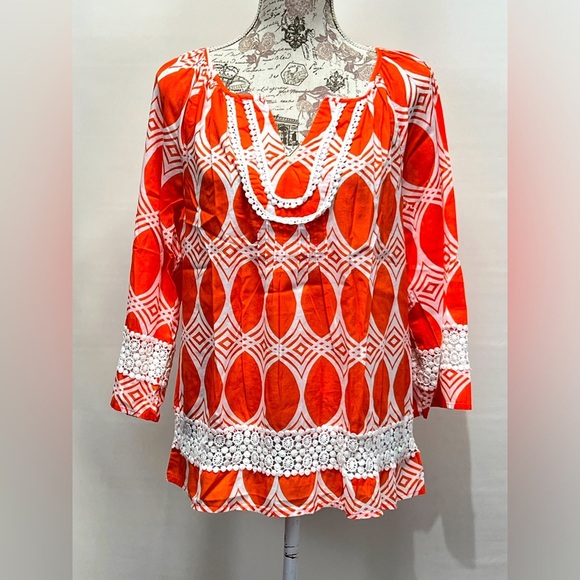 CROWN & IVY Orange‎ and white print tunic size L - Picture 1 of 13